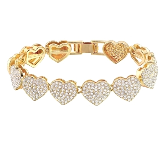 Pave Iced CZ Crystal Gold Heart Links Bracelet Rhinestone Hearts Unisex Mens New - Picture 2 of 9